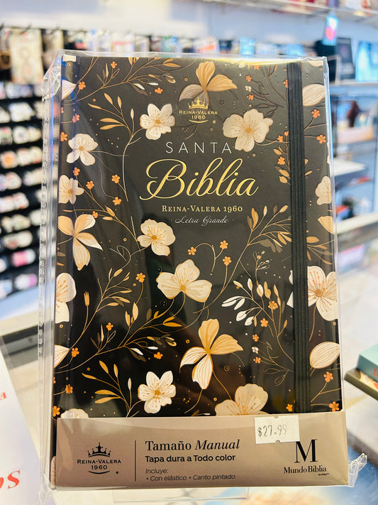 Biblia Tapa dura negra con flores con Cinta elástica
